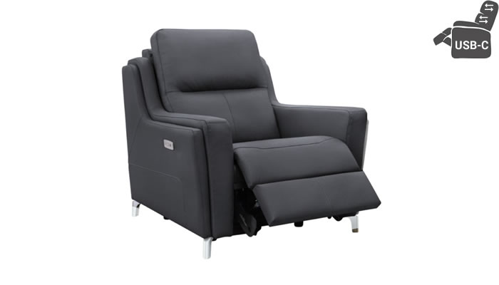 Parker Knoll Portland Power Plus Recliner Headrest Lumbar USB Madri Midnight Leather Brushed Steel Leg